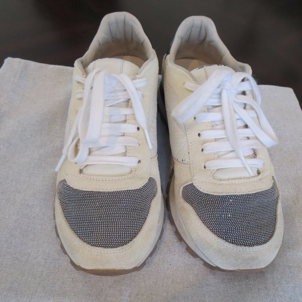 Brunello Cucinelli Monili Beaded Detail Leather Runners Sneakers EUR 37 / US 6.5